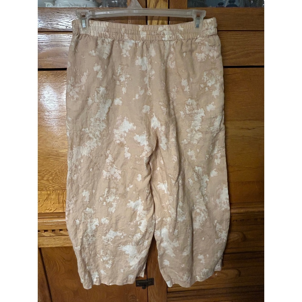 DKNY Pure 100% Linen Boho Chic Wide Leg Drawstring Pants Tan White Tie Dye Print - Picture 2 of 10
